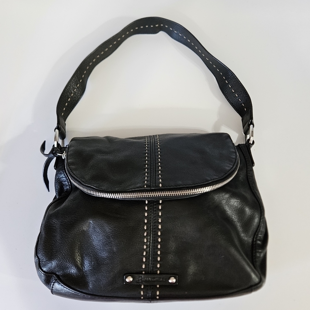 B. Makowsky Black Leather Contrast Stitching Top Flap Hobo Shoulder Bag